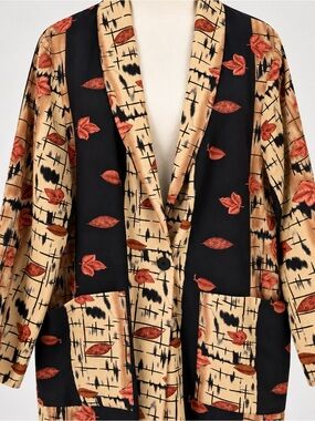 Autumn Leaf Print Blazer Black Tan Vintage Kensington Square XL
